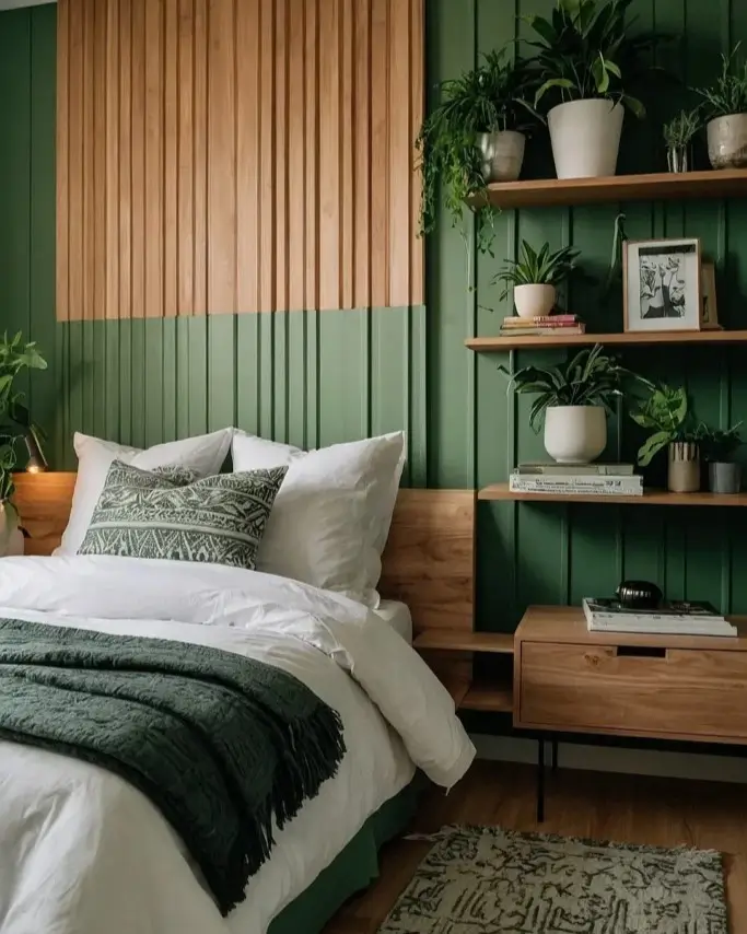 A modern nature bedroom with a green paneled accent wall featuring a natural wood slat section above the bed.