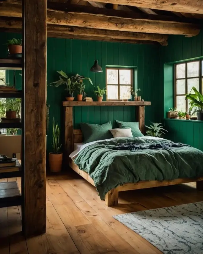 A rustic cabin-style bedroom with exposed wood beams, green walls, and a heavy wooden bed.
