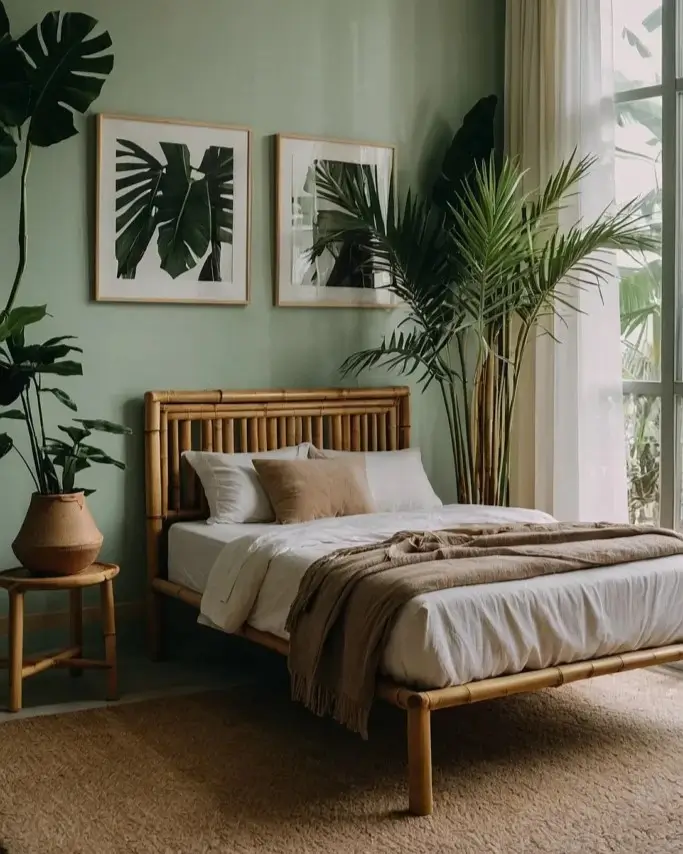 A nature-inspired bedroom with a bamboo bed, sage green walls, and large tropical leaf art prints.