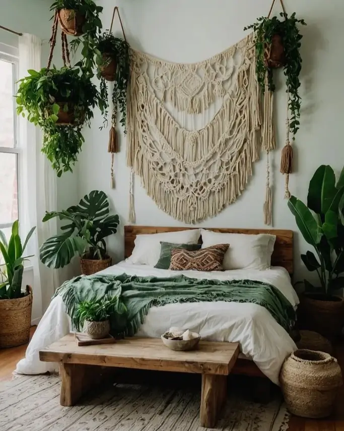A bohemian nature bedroom with a large macrame wall hanging and hanging plants framing a wooden bed.