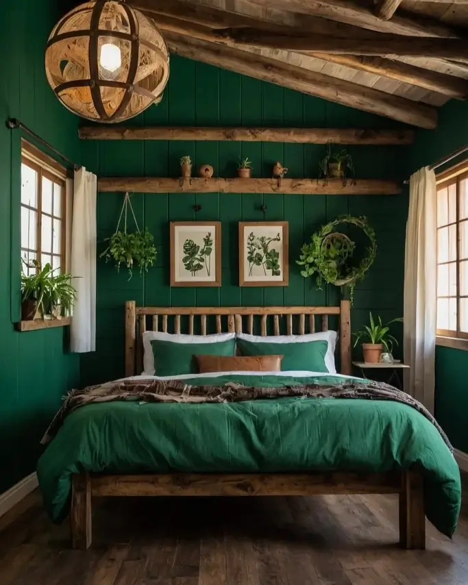 A rustic nature bedroom with green walls, exposed wood beams, and a large spherical woven pendant light.