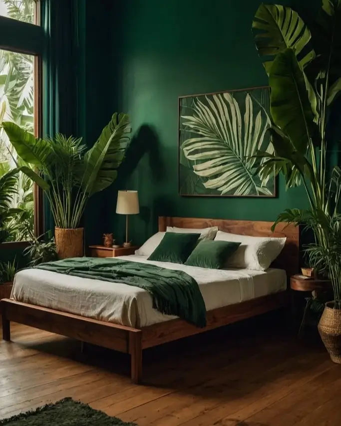 A luxurious nature bedroom with deep emerald green walls, a wooden bed, and large tropical plants.