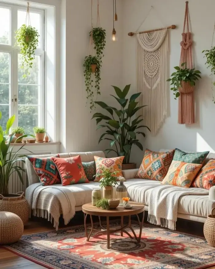 A sunlit bohemian living room with a beige sectional, a large macrame wall hanging, and colorful patterned pillows and rug.