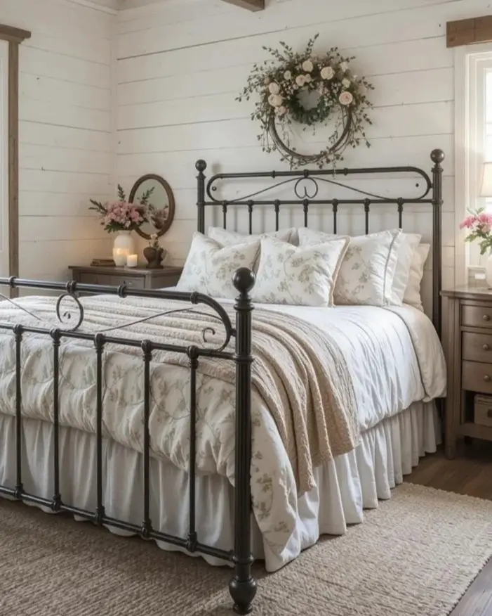 A bright country rustic bedroom with a black wrought-iron bed, white shiplap walls, and a floral wreath hanging above the headboard.
