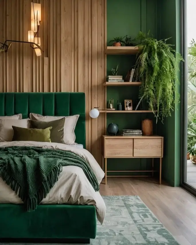 A modern nature bedroom with a green velvet bed set against a vertical wood slat accent wall and built-in shelving.