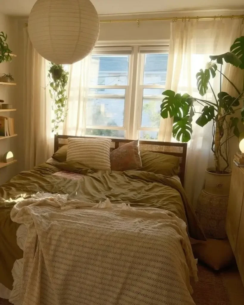 A sun-drenched nature-inspired bedroom featuring olive green bedding, a large Monstera plant, and a rattan headboard.