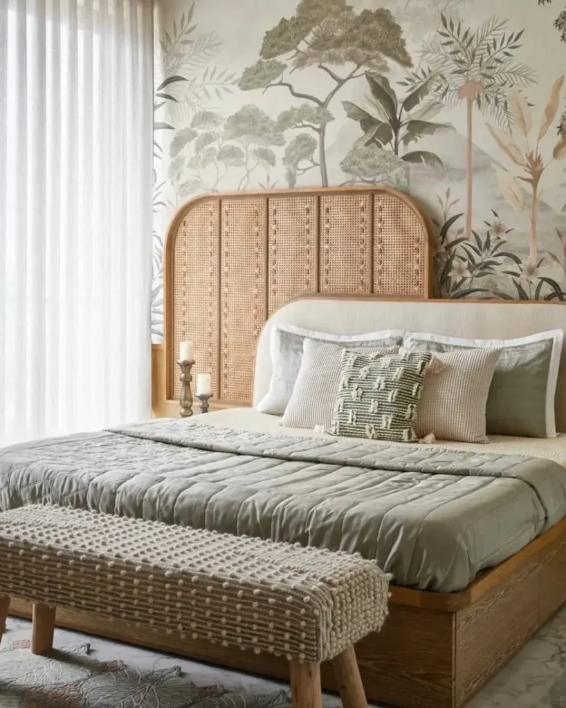 An elegant nature bedroom with a cane headboard, a soft botanical mural, and sage green bedding.