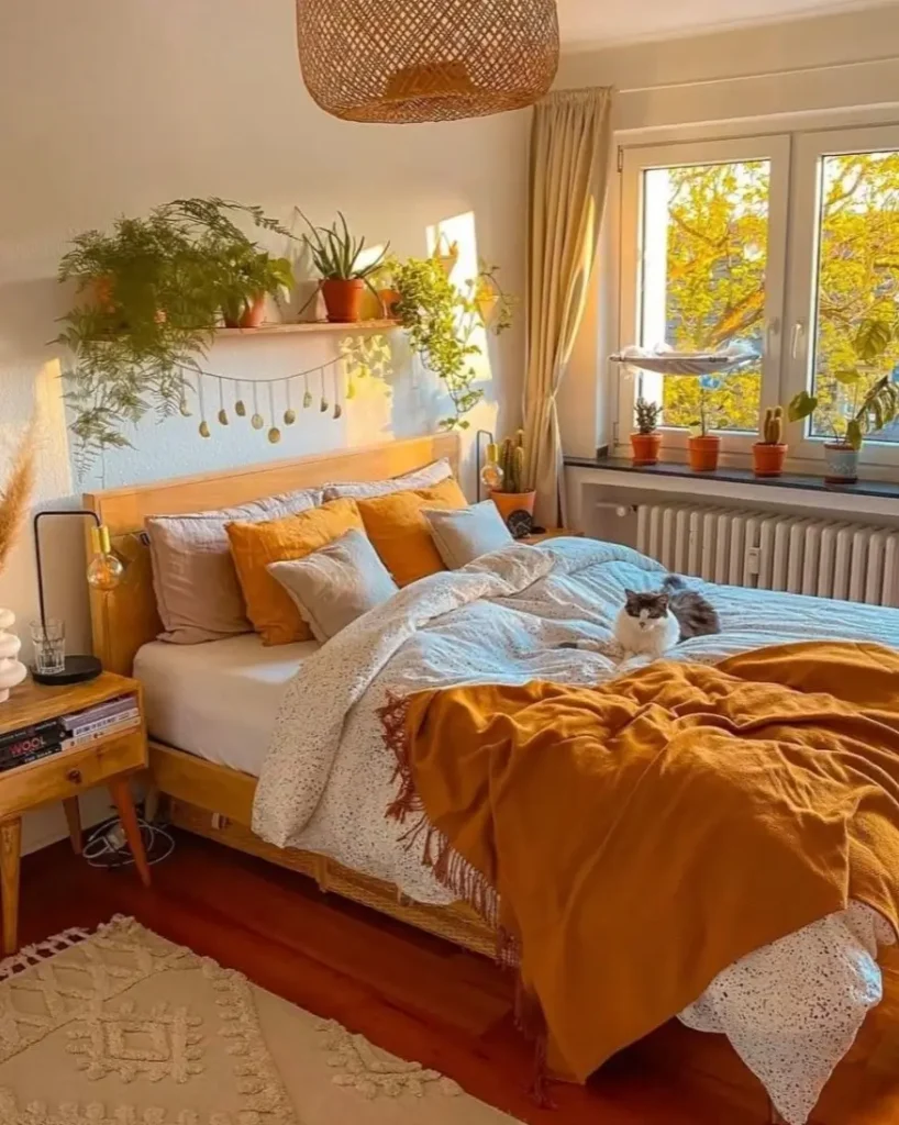 A cozy bedroom filled with golden afternoon light, featuring a marigold blanket, a woven pendant light, and numerous plants.