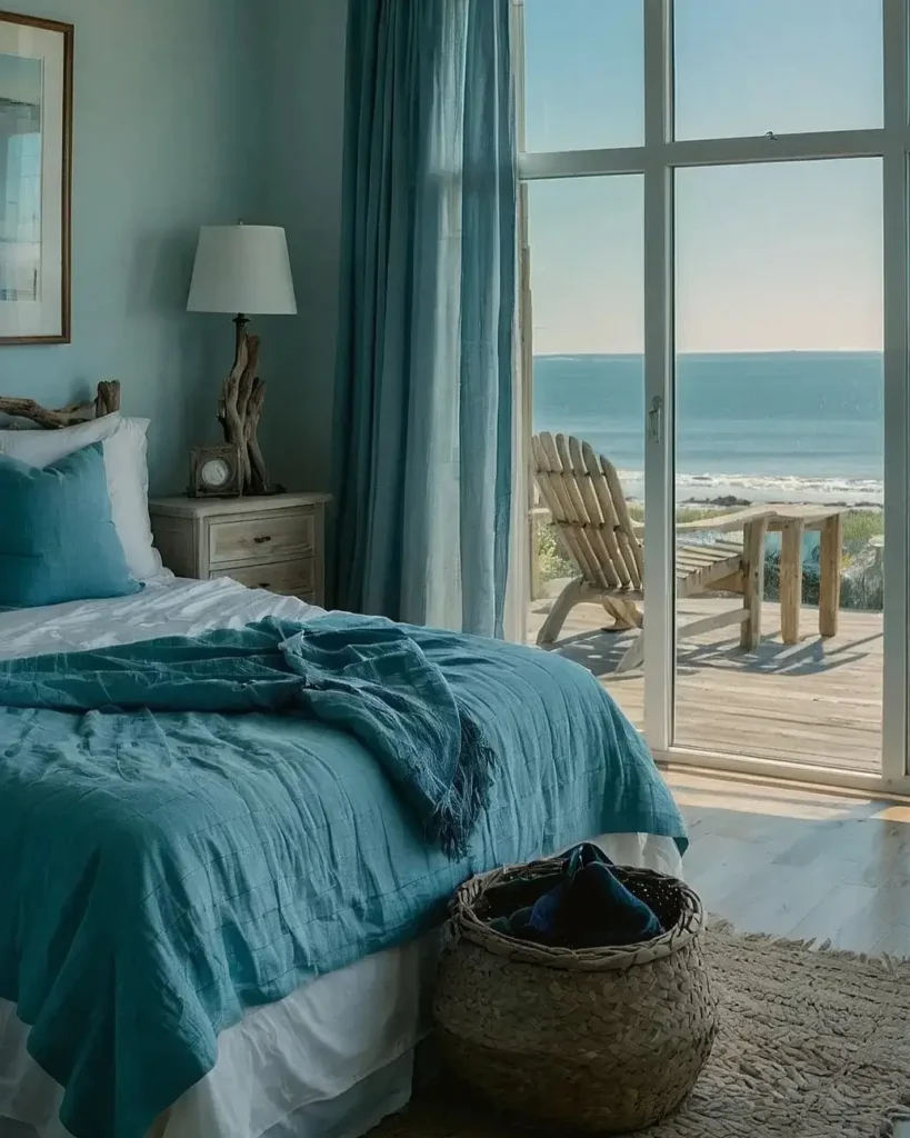 A serene beach bedroom with glass doors opening to an ocean view, featuring blue linen bedding and a driftwood lamp.
