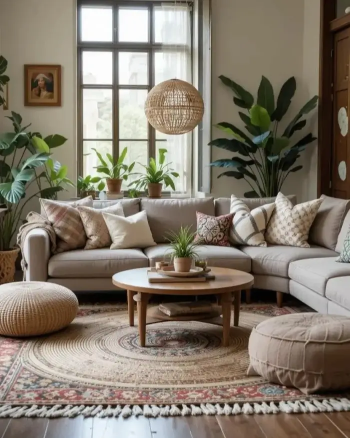 A bright bohemian living room with a large sectional sofa, layered rugs, and a woven pendant light hanging from the ceiling.