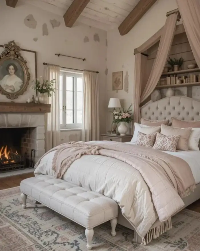 A romantic country rustic bedroom with exposed beams, a stone fireplace, and a tufted bed with a blush pink canopy and bedding.