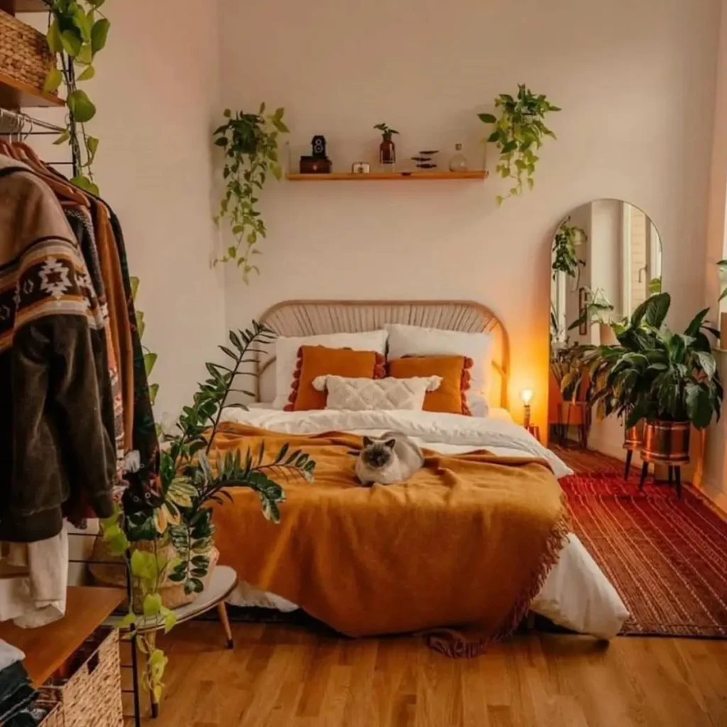 A cozy nature-themed bedroom with a rust-colored blanket on the bed, a rattan headboard, and numerous houseplants.