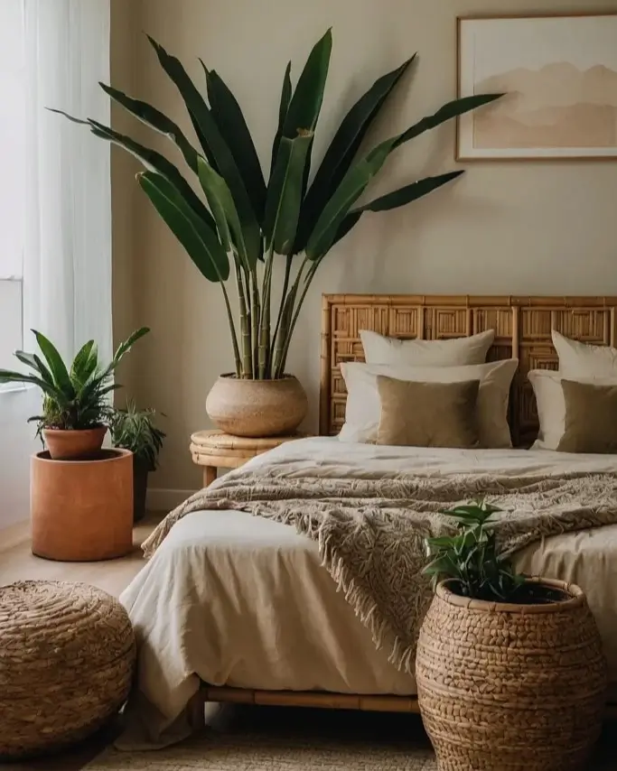 A serene nature bedroom featuring a bamboo headboard, beige bedding, and a large Bird of Paradise plant.
