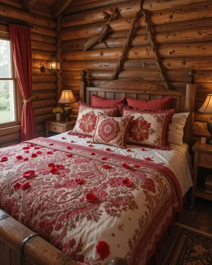 A romantic log cabin bedroom for couples, featuring a bed with a red patterned quilt and rose petals scattered across it.