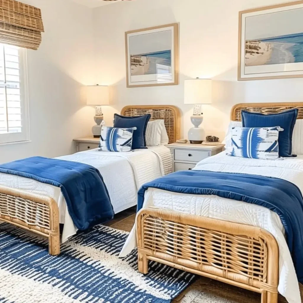 A coastal guest bedroom with two rattan beds, blue and white decor, and a large woven pendant light.