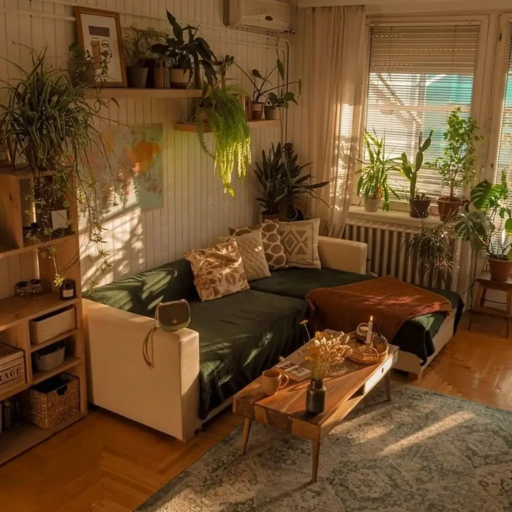 A cozy bohemian living room with a green sectional sofa, wooden coffee table, and numerous houseplants bathed in warm sunlight.