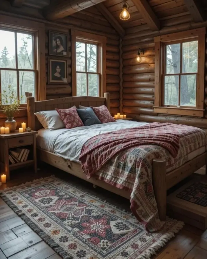 A cozy rustic log cabin bedroom with large windows showing a forest view, a wooden bed with a red quilt, and a colorful rug.