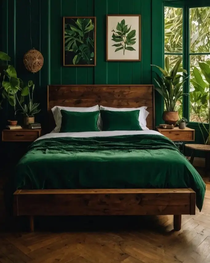 A dark green nature bedroom with velvet bedding, a wooden bed, and a large arched window.