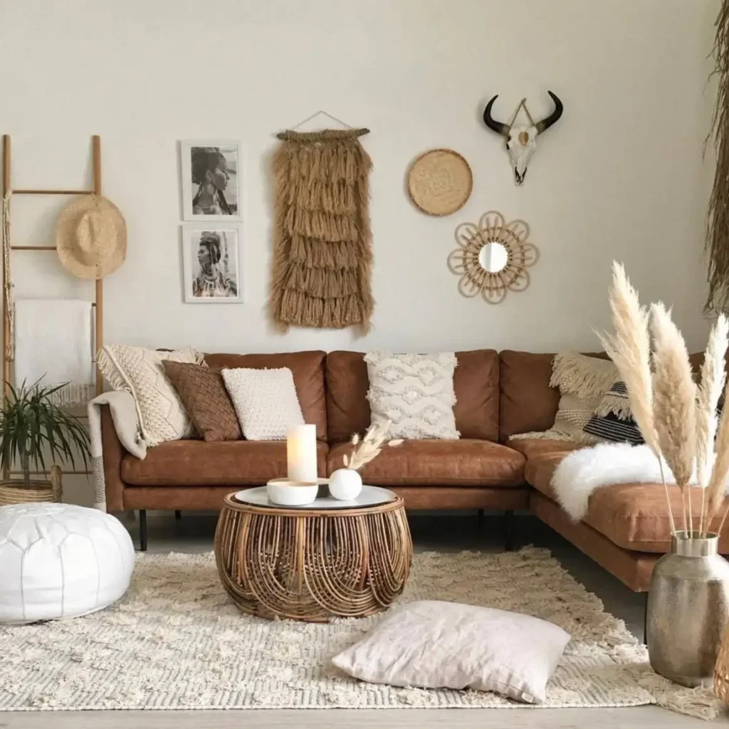 A desert-boho living room with a brown leather sectional, a rattan coffee table, and a textured gallery wall featuring a decorative skull.