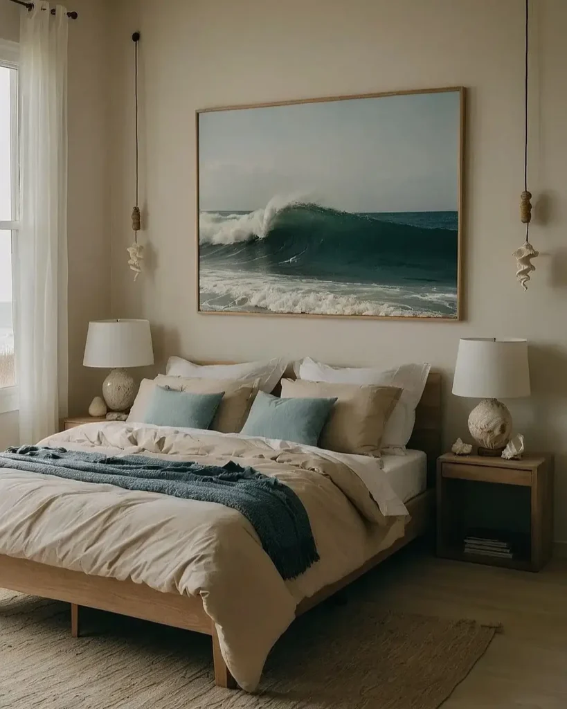 A serene beach themed bedroom with neutral tones, centered around a large, dramatic photograph of an ocean wave.