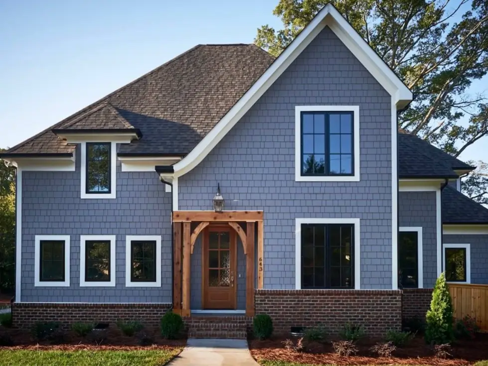A modern cottage with blue-gray shingle siding, a red brick foundation, and a light wood arched entryway.