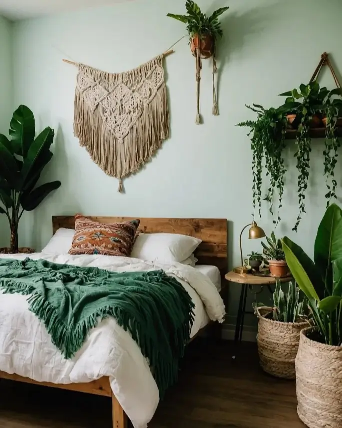 A nature-inspired bedroom with light mint green walls, a large macrame wall hanging, and a dark green throw blanket.