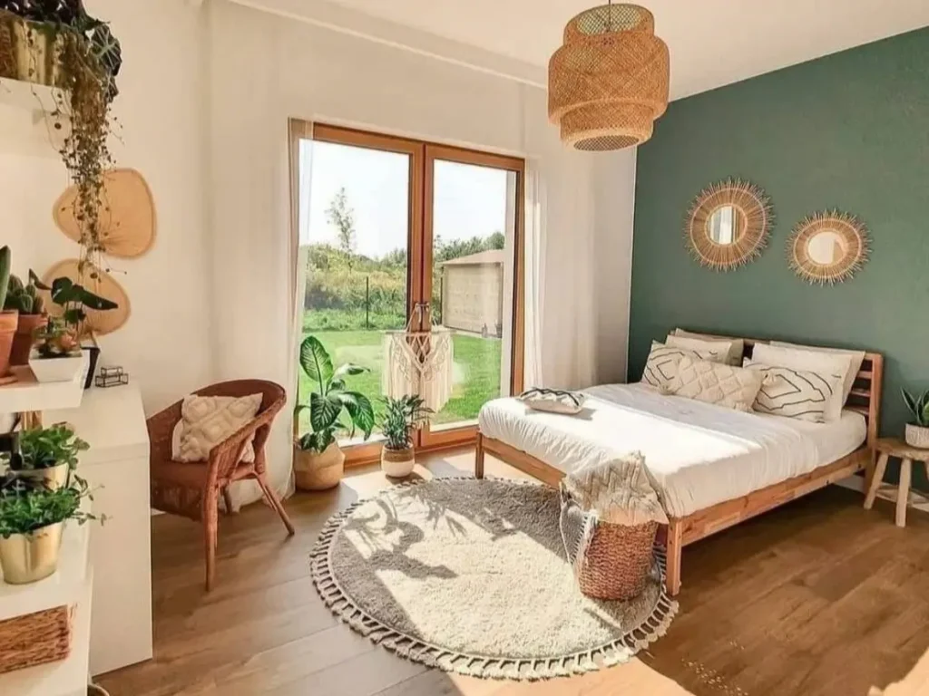 A sunlit bohemian bedroom design idea featuring a green accent wall, natural light from a large window, and rattan decor.