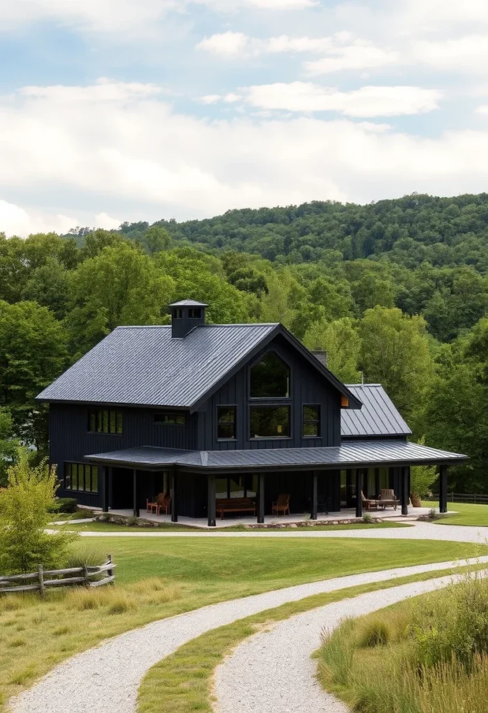 Black house with gravel path and cozy wooden porch