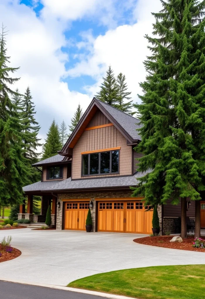 Craftsman house with cedar garage doors