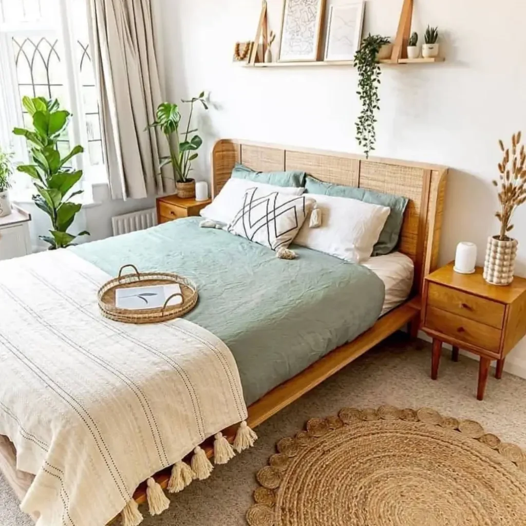 A bright bedroom featuring a light wood bed with a cane headboard, a round jute rug, and sage green bedding.

