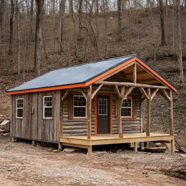 Small Log Cabins: 36 Ideas for Cozy Living & Enduring Charm 4 A small rustic log cabin with a metal roof and a surprising pop of bright orange trim.