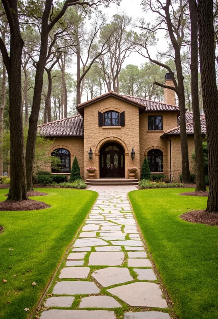 Grand Italian countryside estate with traditional Tuscan style, featuring a sweeping stone pathway and mountain views.