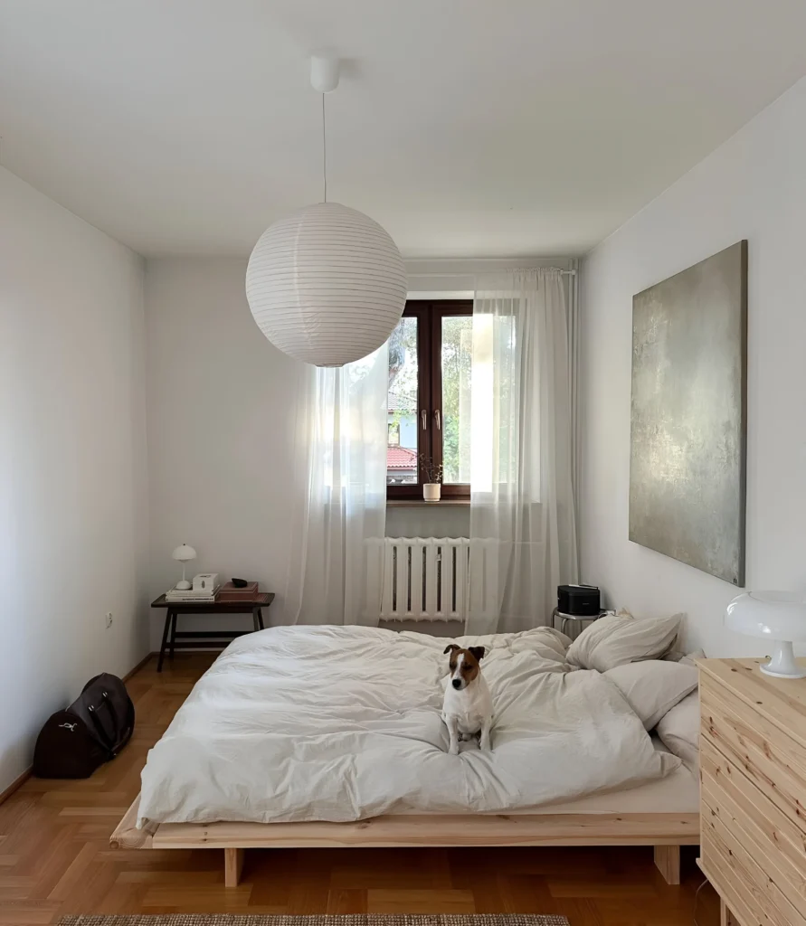 Simple, clean bedroom with dog.