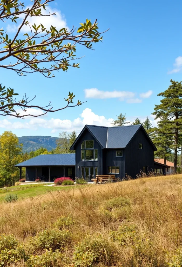 Black house with warm wood accents surrounded by natural grasses