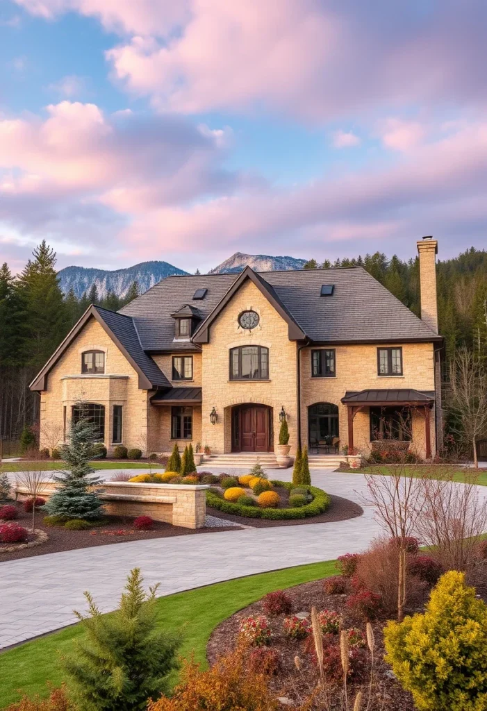 Beautiful landscaping with vibrant shrubs and flower beds contrasting with the stone mansion facade, adding warmth and charm to the exterior.