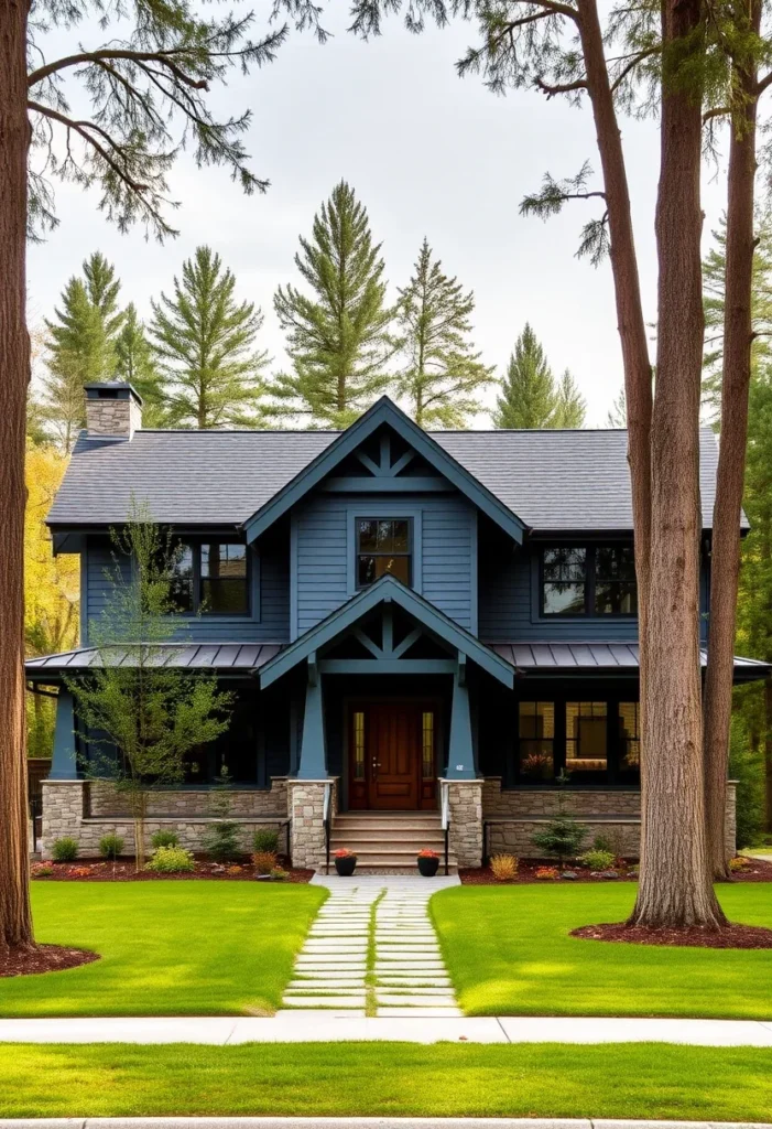 Blue Craftsman house with stone accents