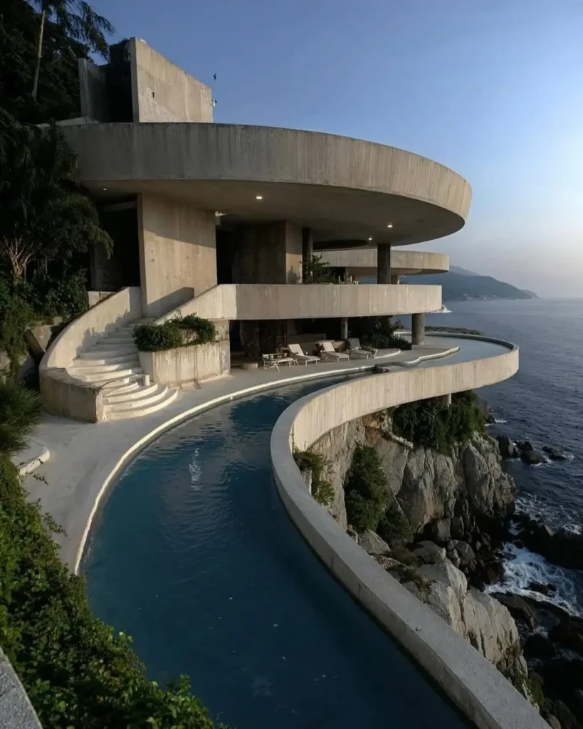 A magnificent brutalist house with sweeping concrete curves built into an ocean cliffside, featuring a long swimming pool that follows the terrace's contour.