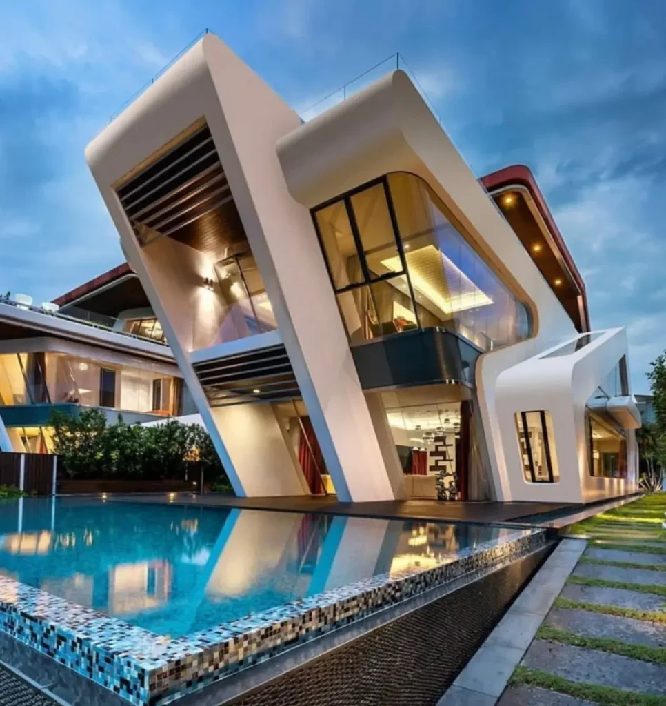 Architectural idea for a deconstructed modern home with dramatic angular walls and large windows by a pool.