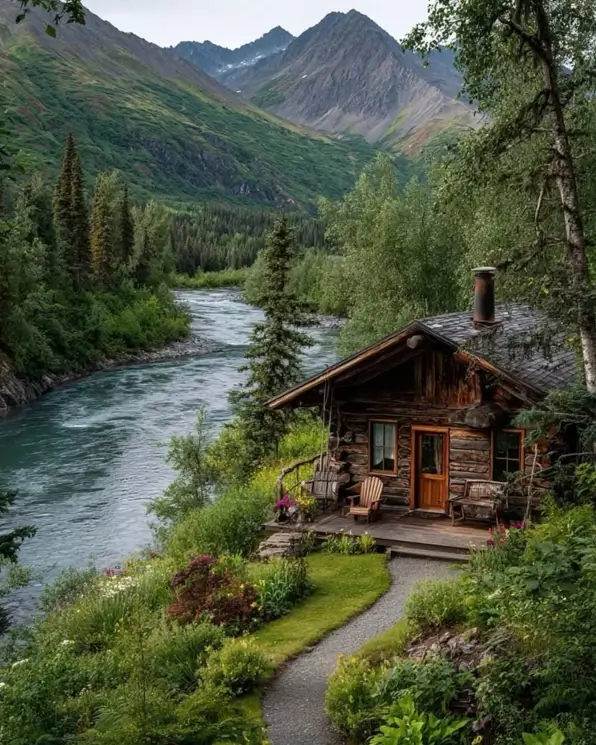 Small Log Cabins: 36 Ideas for Cozy Living & Enduring Charm 13 A small rustic log cabin on the bank of a wide river with lush green mountains in the background.