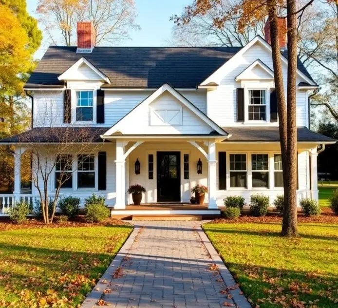A symmetrical white farmhouse with a black front door and shutters, featuring a straight paver walkway covered in fallen leaves during autumn.