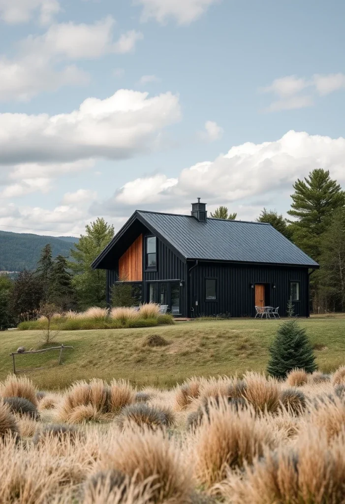 Black house framed by golden autumn trees with a clean gravel pathway