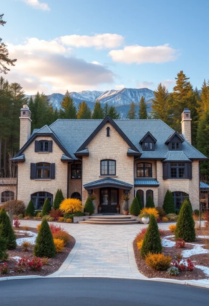 Front yard with vibrant golden shrubs, green evergreens, and colorful plants that complement the stone mansion, creating an inviting and dynamic entrance.