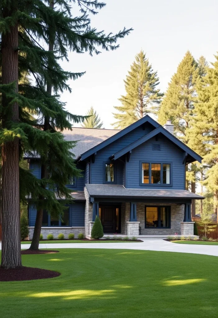 : Blue Craftsman home with stone foundation