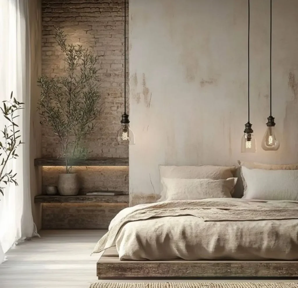 A rustic, minimalist bedroom with an exposed brick and distressed plaster wall, a low wooden bed, and hanging Edison bulbs.
