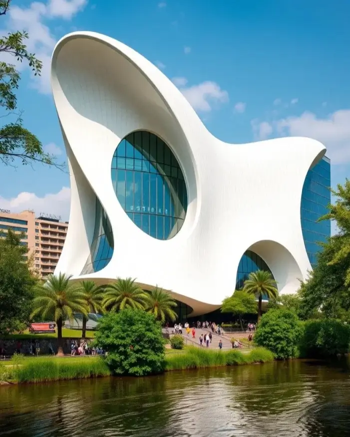 A monumental white sculptural building featuring sweeping curves and a large circular void, a public space architectural idea.