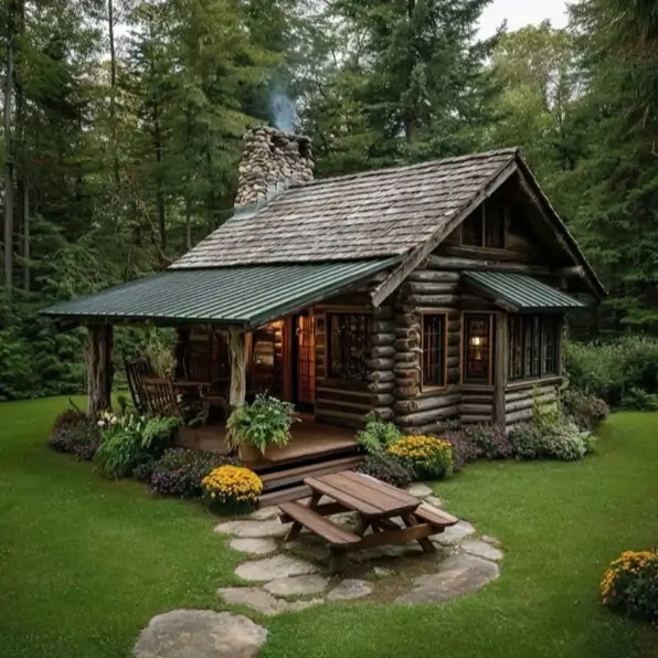 Small Log Cabins: 36 Ideas for Cozy Living & Enduring Charm 14 A small rustic log cabin with a stone chimney and a picnic table on a flagstone patio in the yard.