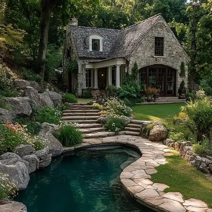 A stone cottage overlooking a natural free-form swimming pool with stone steps and lush landscaping.
