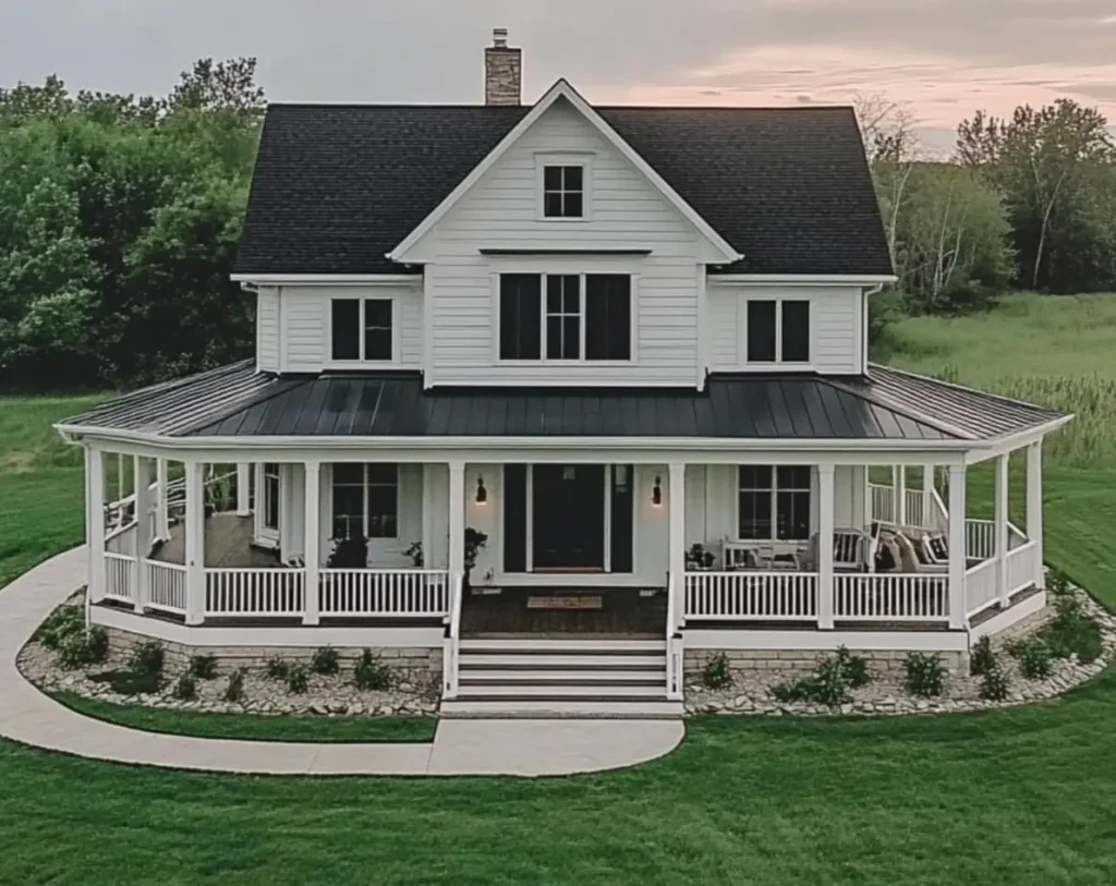 A two-story white farmhouse with a black roof and a curved wraparound porch with a dark metal roof, set in a large green field at dusk.