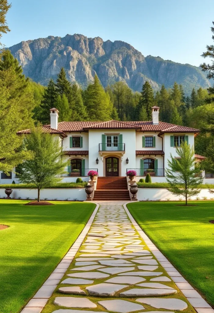 Classic Italian countryside home with traditional Tuscan style, featuring a sunlit stone facade and open courtyard.