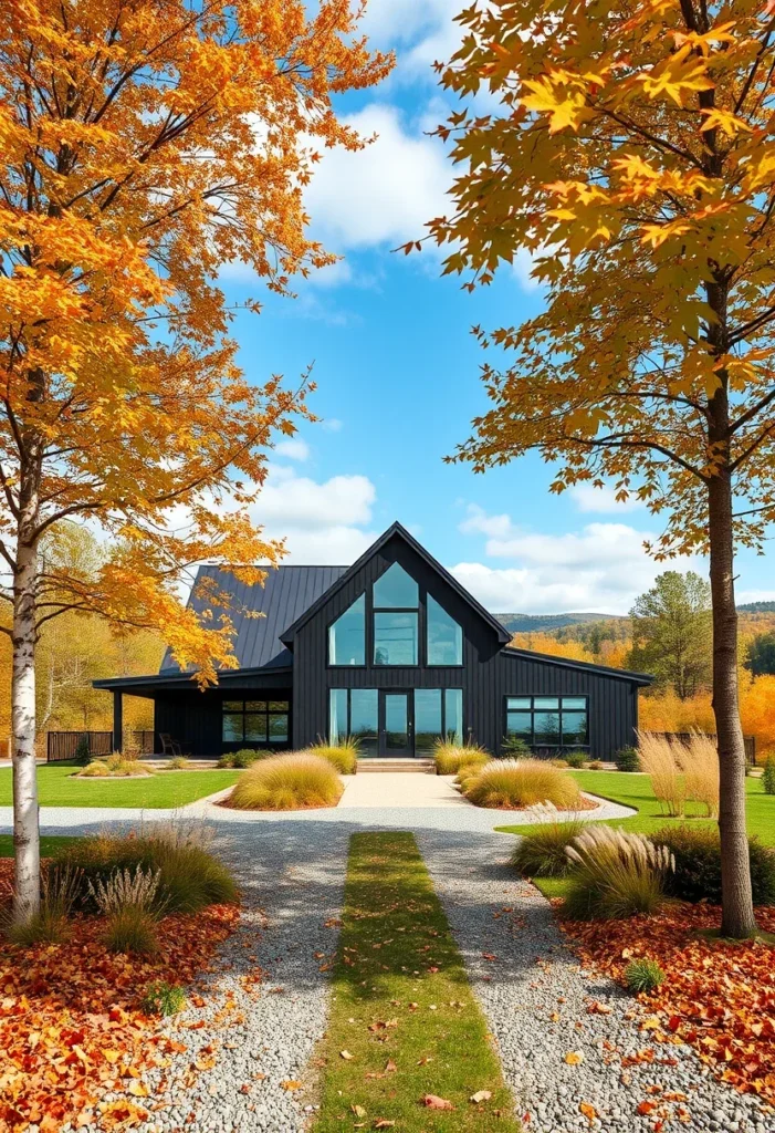 Black house with natural landscaping and a goat in the foreground